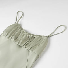 Green Backless Sexy Long Dress For Summer 2025 New High Waist Slit Square Collar Slip Dress Fashion Solid Satin Party Dress