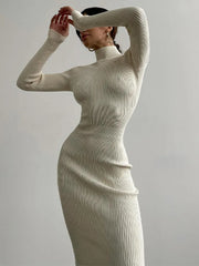 Knitted White Dress Turtleneck Long Sleeve Bodycon Dress Autumn Winter Elegant Party Evening Black Dresses for Women