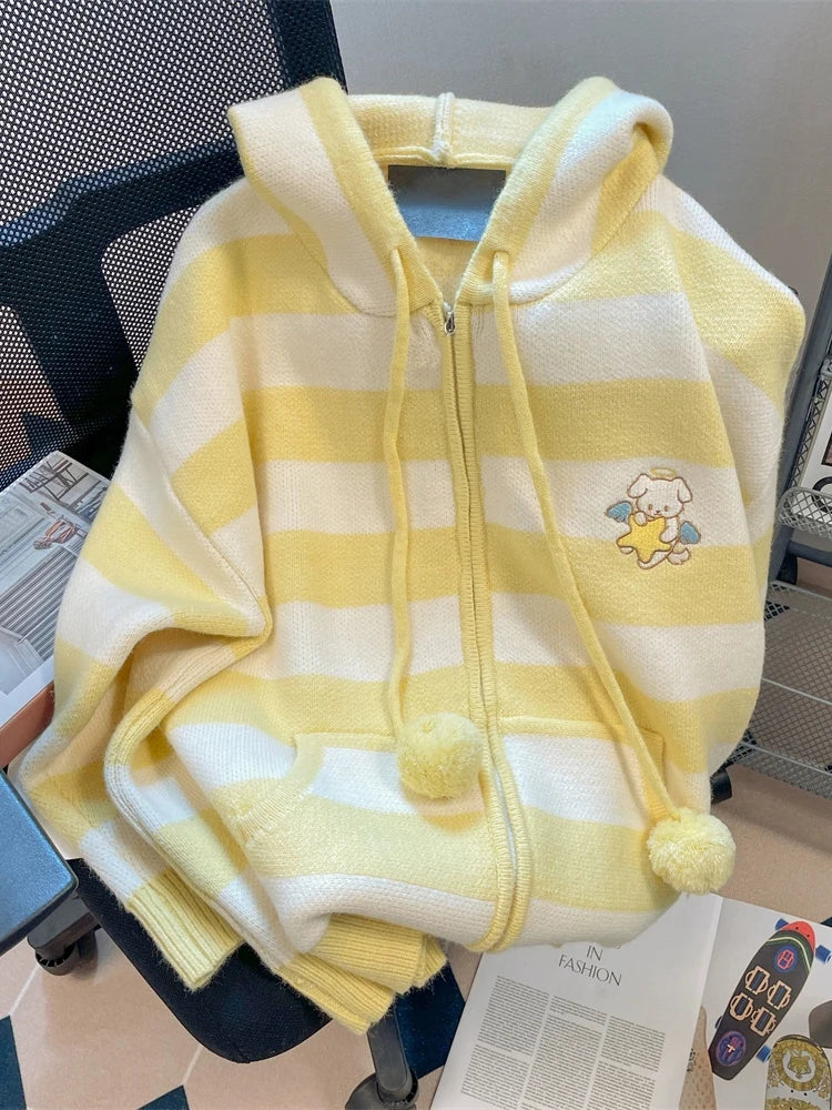 Cartoon Striped Hooded Cardigan Women Loose Cute Long Sleeve Sweet Knitted Sweater Preppy Style Female Kawaii Vintage Tops