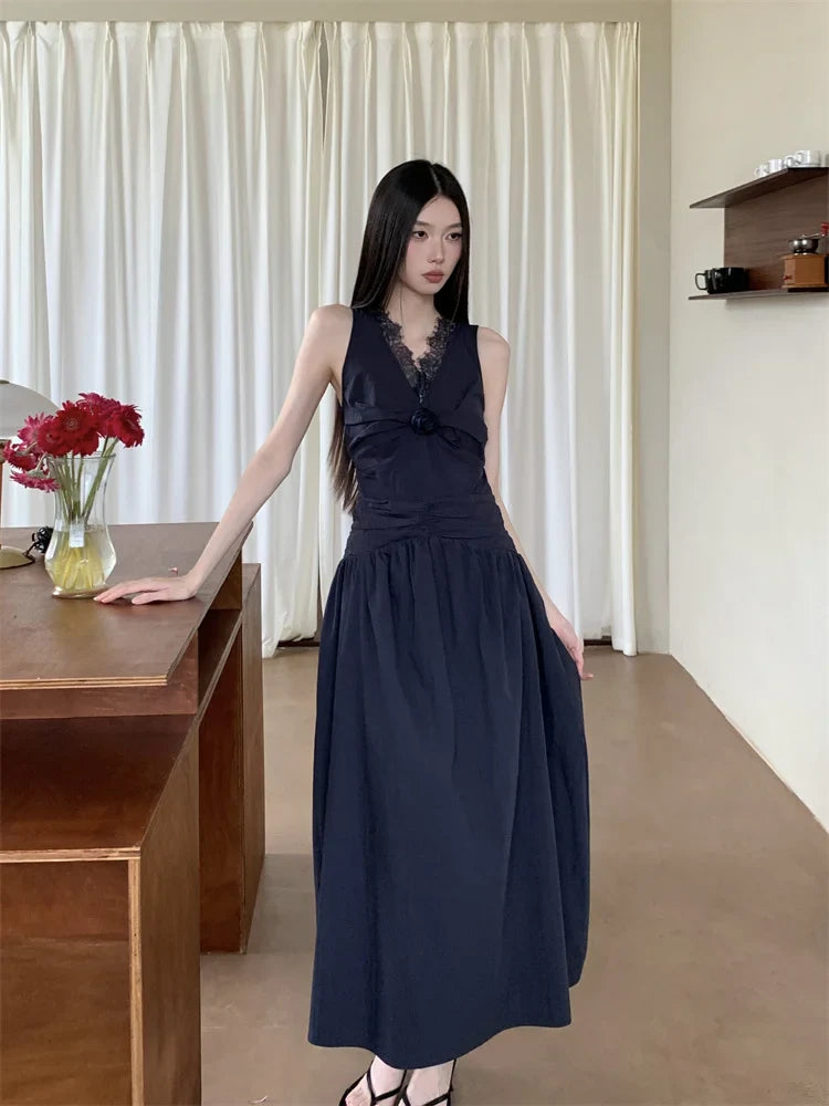 Lace Pathwork Sleeveless Long Modest Dress Summer 2025 Party Evening Dress 2025 V Neck Tunics A Line Midi Dress Clothes