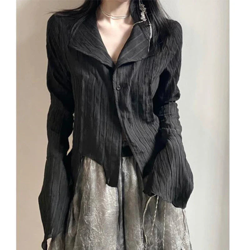 Fashion Japan High Street Vintage Blouses Y2k Aesthetic Harajuku Punk Striped Personality Shirts Slim All Match Autumn Clothing