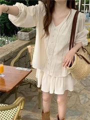 Casual Beige Vacation Spring Summer Outfits Lantern Sleeve Blouse And Short Skirt Two Piece Set 2025 New Top Pleat Skirt Suit