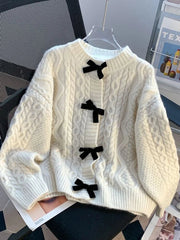 Preppy Style Bow Sweet Cardigan Women Cute Long Sleeve Solid Knitted Sweaters Casual Vintage O Neck Lady Fall Winter Top Outwear