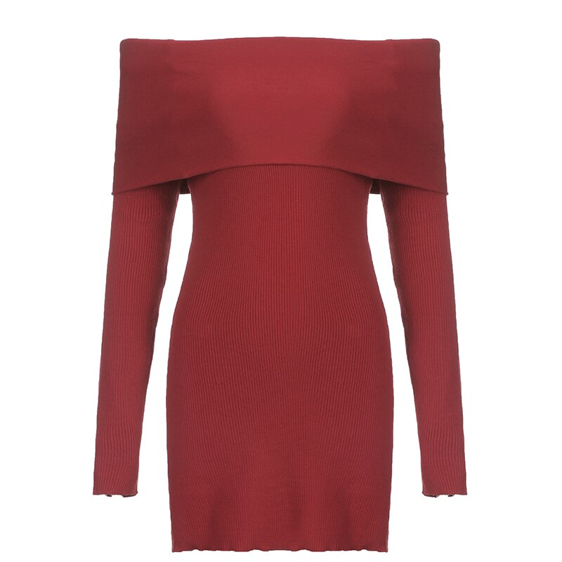 Red Slash Neck Slim Sweater Dress