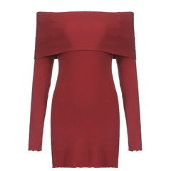 Red Slash Neck Slim Sweater Dress
