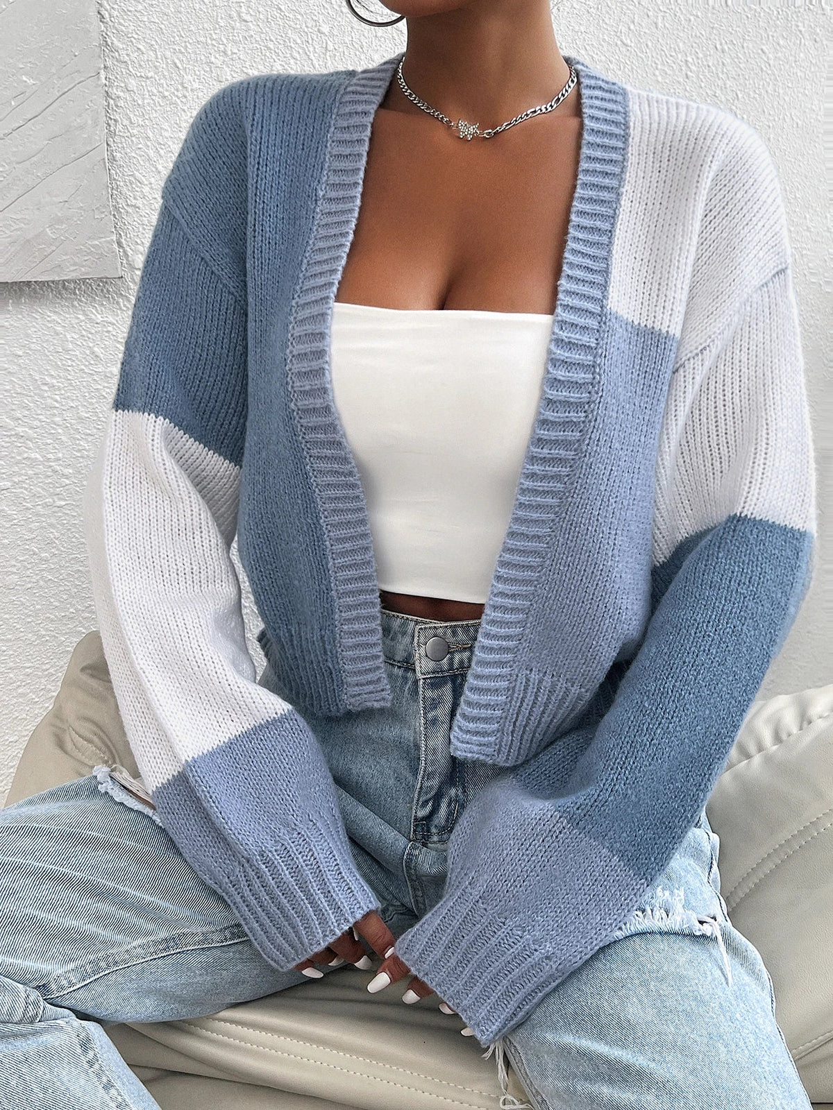 New color blocked off shoulder knitted sweater cardigan