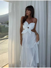 2025 Summer New Flower Shape Hollow Out Slip Dress Loose A-line Backless White Vacation Women Dress Beach Party Female Clothing