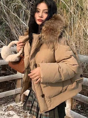 Women New Fall Winter Hooded Button Coat with Large Fur Collar Retro Office Christmas Fashion Jacket  Retro Commute Outfits New