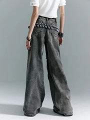 Fashion American Vinateg Hole Cross Lace Up Design Denim Pants Y2ka Esthetic High Street Baggy Wide Leg Trousers Punk Bottoms