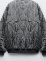 Grey Stand Collar Zipper Women Bomber Cotton Coat Lantern Sleeve Oversized Loose Pocket Jacket Autumn Winter Chic Outwears