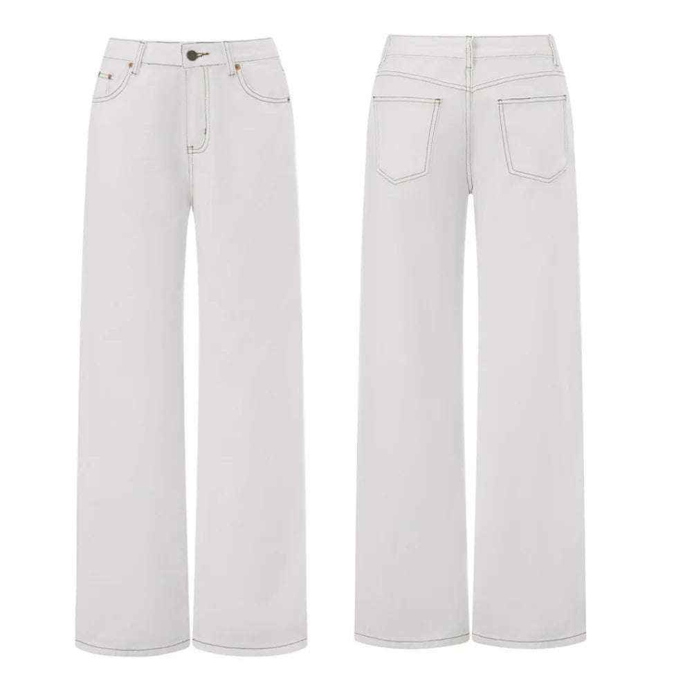 Women Jeans Low Waist Solid Color Wide Leg Straight Trousers with Pockets for Daily Streetwear Fashion Denim Pants
