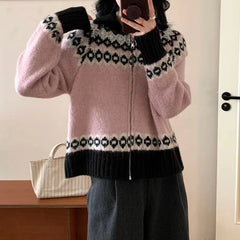 Zip Up Fair Isle Sweater Cardigan Thick Warm Knit Zipper Front Sweater Jacket Cozy Knitwear Teen-girl Fall Winter Vintage Outfit