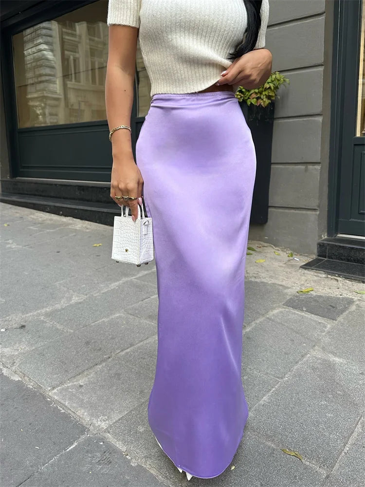 High Waist Solid Fashion Long Skirt Women Slim Patchwork Elegant Y2k Maxi Skirt Autumn Satin Sexy Ladies Maxi Skirt