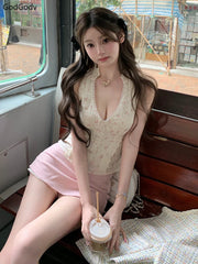 Spring French Vintage Sweet 2 Piece Sets Women Y2k Sexy V-neck Design Mini Skirt Suits Female Lace Korea Style Chic Outfits 2025