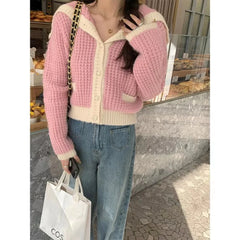 Sailor Collar Sweater Cardigan for Women Soft Waffle Knit Button Front Sweater Jacket Teen-girl Fall Winter Classic Chic Outfit