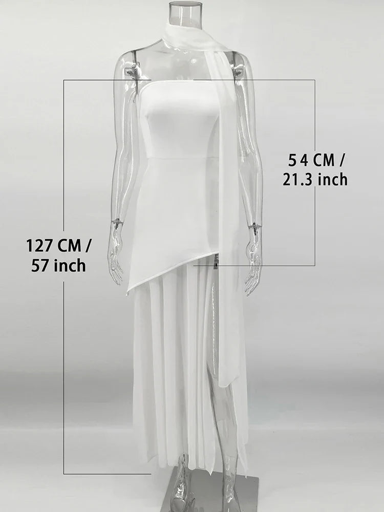 Strapless Slit Long Dress With Ribbon Female Sleeveless Mesh Elegant Beach Vacation Dress Spring New Women Dress
