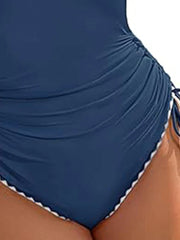 2025 Women's  Beach Swimwear Contrast Scalloped Embroidery Trim Cinched Crisscross One-piece Swimsuit