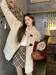 Zoki Retro Sweet Faux Lamb Coat Women Loose Preppy Style Sweet Long Sleeve Warm Jacket Korean Vintage Casual Pockets Winter Tops