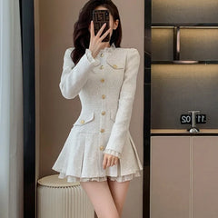 Korean Vintage Women Tweed Dresses 2025 Autumn New O-neck French Pleated A-line Party Short Dress Fashion Female Mini Vestidos
