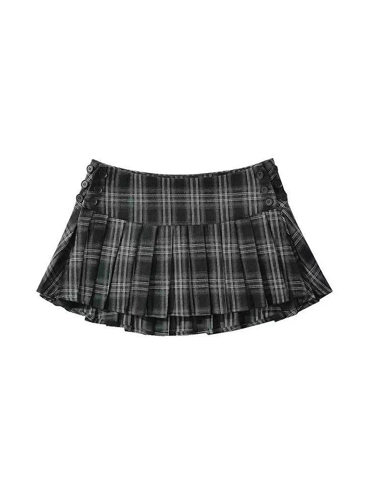 HOUZHOU Vintage Y2K Plaid Mini Skirt Women Sexy Preppy Style Low Waist Slim A-line Side Split Retro Pleated Skirt Streetwear