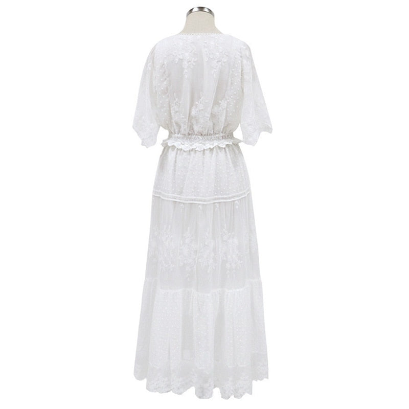Hollow Out White Dress Sexy Women Lace Long Dress Cross Semi-Sheer Plunge V-Neck Short Sleeve Lace Maxi Dress