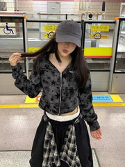 Y2k American Vintage Slim Hot Sweet Print Hooded Sweatshirts 2000s Long Sleeve Subculture Zip Up Hoodies Autumn Crop Tops Coat