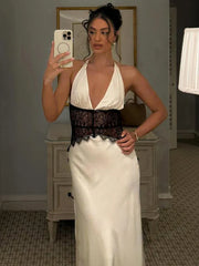 Summer Backless Sexy Maxi Dress Women Gown Patchwork Lace Halter Deep V Neck Sleeveless High Waist Elegant Long Dress
