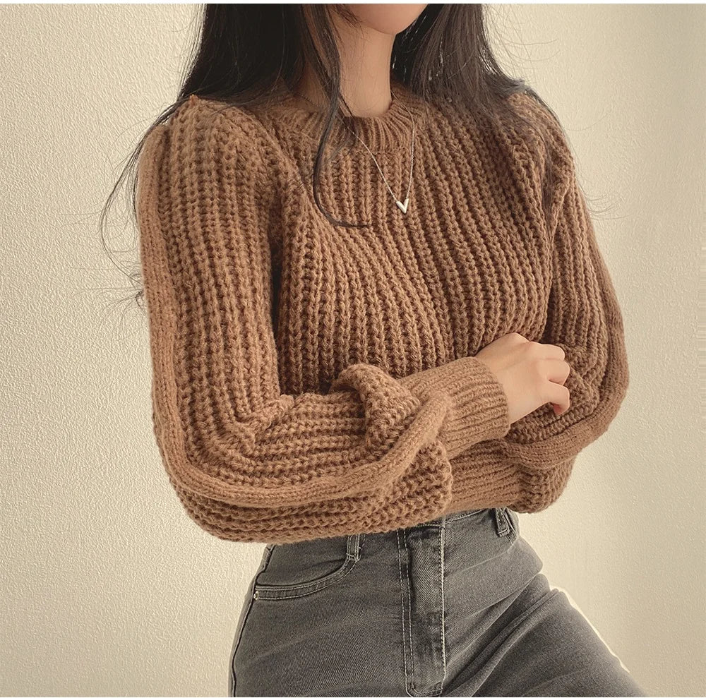 Korean Loose Long Sleeve Sweaters Fashion Women Harajuku Lantern Knit O-Neck Solid Basic Jumpers Autumn Winter Soft Warm Sweater