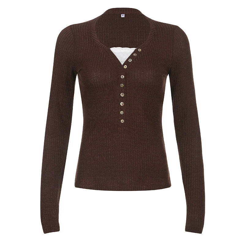 Simple Fashion Fake 2 Piece Women's Tops Long Sleeve Button Skinny Fashion Spliced Autumn Trendy Base T-Shirts Causal
