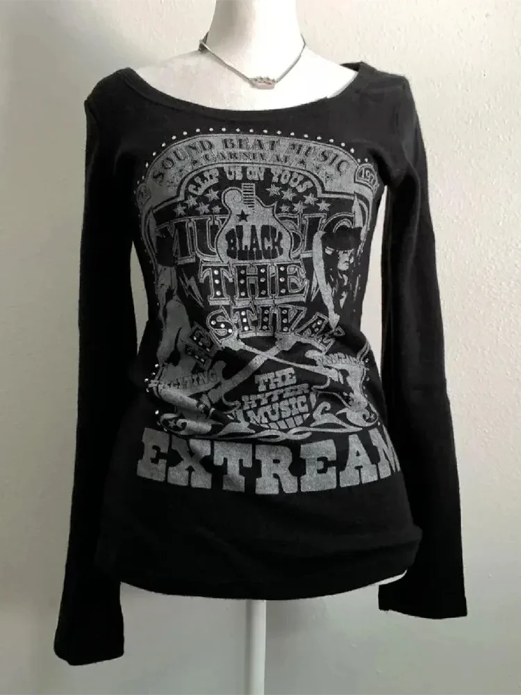 Harajuku Gothic Black T Shirts Women Long Sleeve Vintage Y2K Tops Dark Academic Female Casual O Neck Slim American Tees