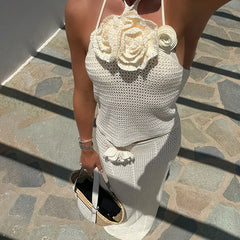 3D Flower Sexy Halter-neck Tank Top + Long Skirt Vacation Two Piece Set 2025 New Knit Hollow Out Bikini Cover-ups Summer Suit