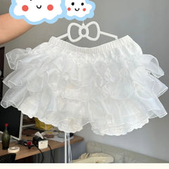 Personality Japanese All Match Lolita Girl Base Bottoms Spliced Korean Mesh Tiered Ball Design Short Pants Y2k Aesthetic Clothes