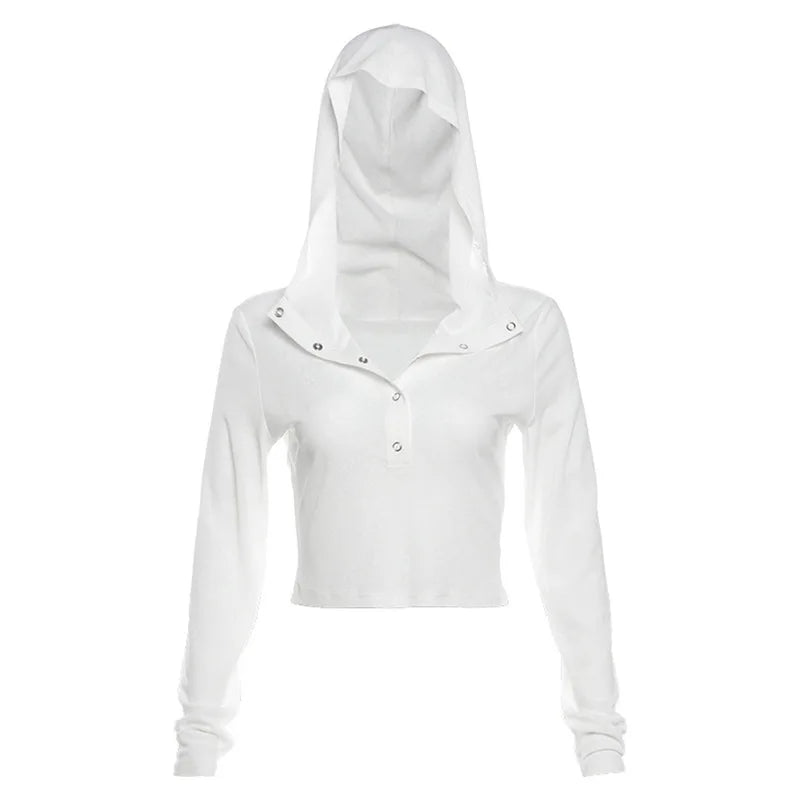 Hooded Long Sleeve Crop Tops Sheer Knit White Casual Shirts for Women Korean Fashion Clothes
