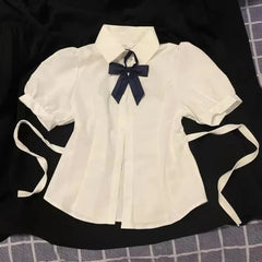 White Sweet Shirt Women Korean Fashion Preppy Style Jk Bandage Short Sleeve Shirt Ladies Summer Y2K Slim Elegant Bow Tops New
