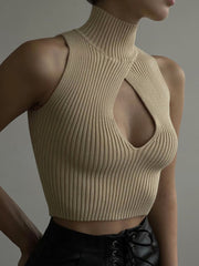Sexy Cut Out Cropped Tops for Women Knitted Turtleneck Short Tank Tops  Sleeveless Slim Sweater Ladies Casual Vest