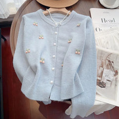 Pink Sweet Pearls Decorate Sweater Cardigan Woman Korean Fashion Print O Neck Knitwear Women Long Sleeve All Match Knitted Tops