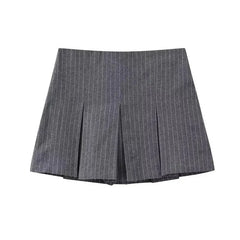 Grey Wide Pleated Mini Shorts Skirts High Street Stripe American Retro Solid Vintage Blogger Sexy Woman Black
