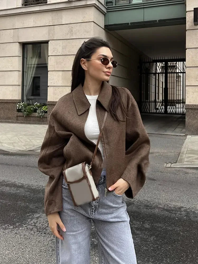 Vintage Brown Short Woolen Women's Parkas Elegant Lapel Long Sleeve Zipper Cropped Coats Fashion Autumn Lady High Street Jackets