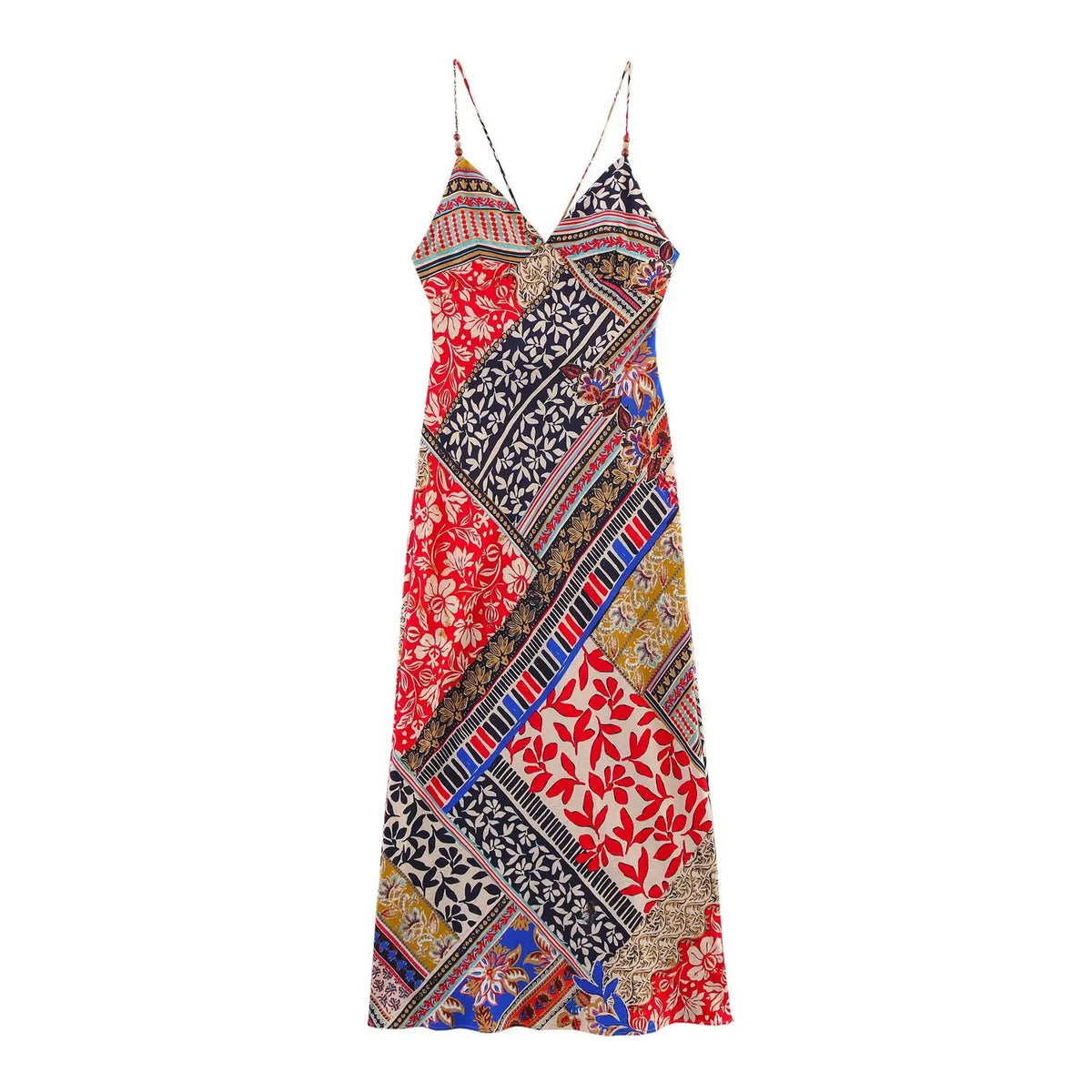 French Patchwork Printed Spaghetti Long Dress Backless Slim Women Dress Ethnic Style Bohemian Holiday Dress For Summer 2025