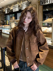 Y2K Retro Baseball Jacket Women Faux Suede Long Sleeve Fall Winter Coat Streetwear Casual American Vintage O Neck Bf Tops