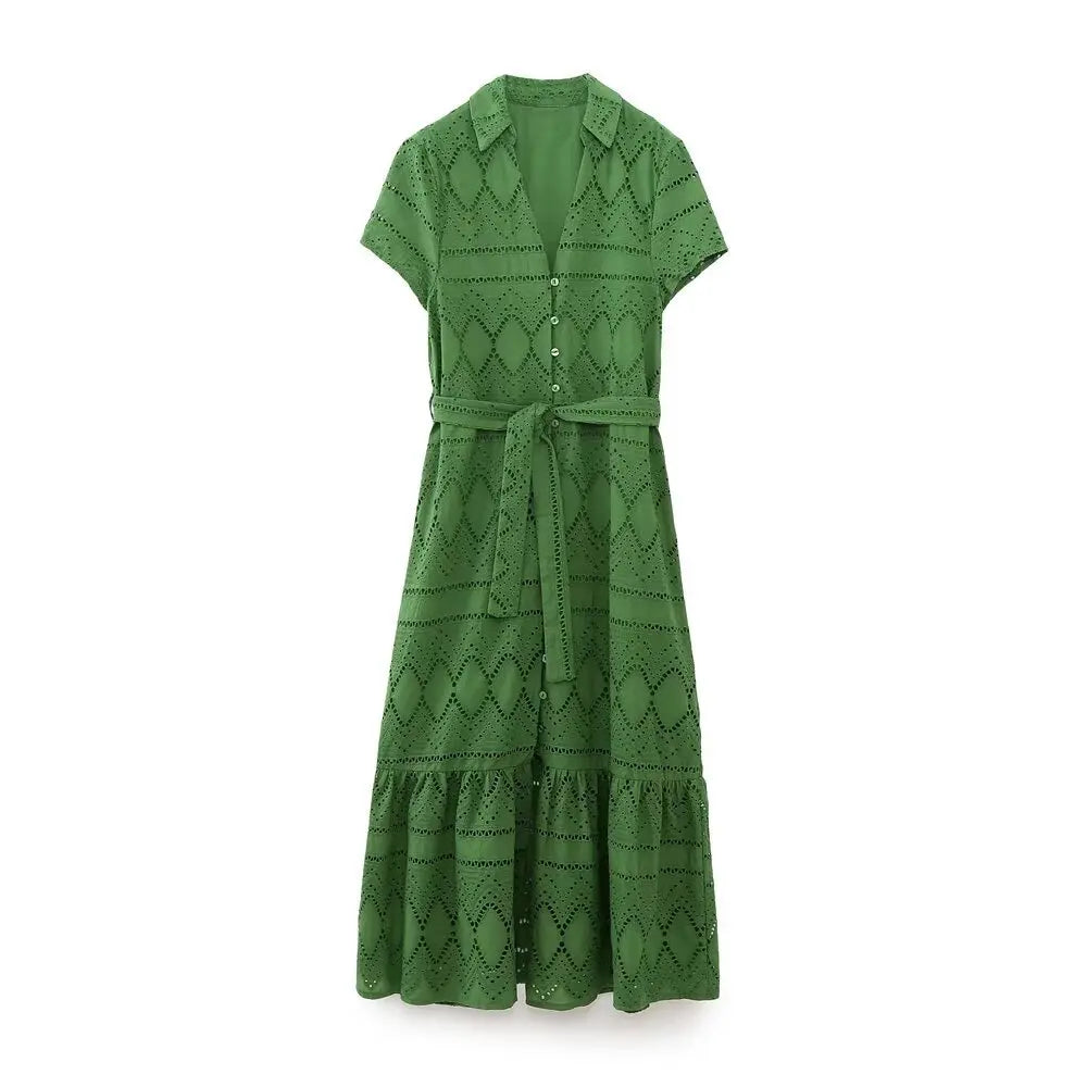 Fashion Hollow Out Embroidery Belt Long Dress Turn Down Collar Solid Color Green Elegant Women Dress 2025 New Chic Vestidos