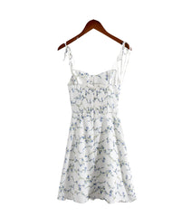 Fashion Blue Floral Print Short Dress Elastic Chest Zipper Party Beach Slip Dress 2025 New Square Collar Sweet Chic Vestidos