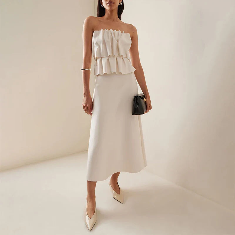 Elegant Pleated Sleeveless Tube Dress Women Retro Solid Slim Fit Evening Dresses Female New Versatile Chic Street Party Vestidos