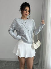 Elegant 3D floral pattern round neck long sleeved knitted sweater for women's clothing