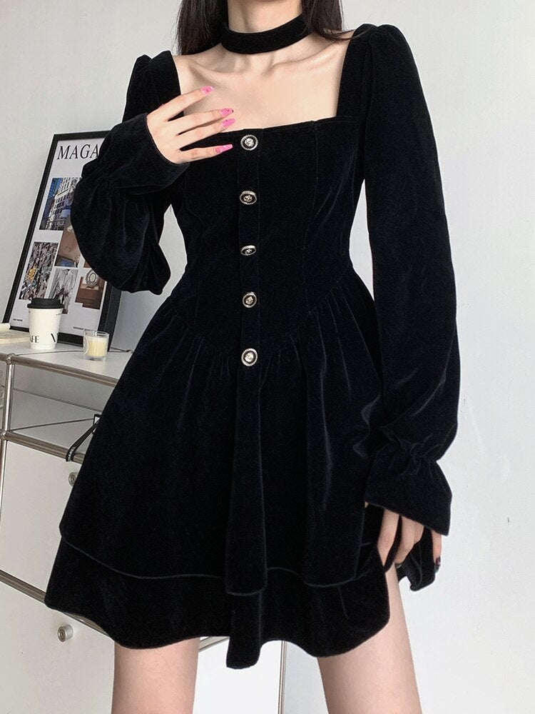 Black Velvet Square Neck Dress