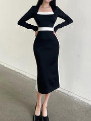 Black Stripe Patchwork Midi-Long-Sleeve Dress