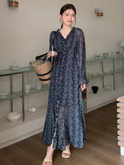 Korean Floral Print Sweet Long Dress 2025 New V-neck Ruffle Chic Spring Dress Lantern Sleeve Slit Fashion Vacation Summer Dress