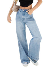Pbong  Women Jeans High Waist Wide Leg Pants with Pockets Fashion Casual Long Trousers