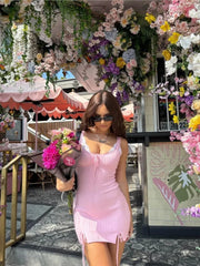 2025 New Pink White Lace Patchwork Short Dress For Women's Clothing Ruffle Square Collar Vacation Beach Summer Knit Slip Dress