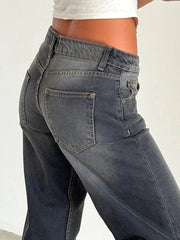 Straight-leg High Waist Jeans Women  New Leg Pockets Pants Y2k Long Denim Trousers Vintage Grey Washed Jeans